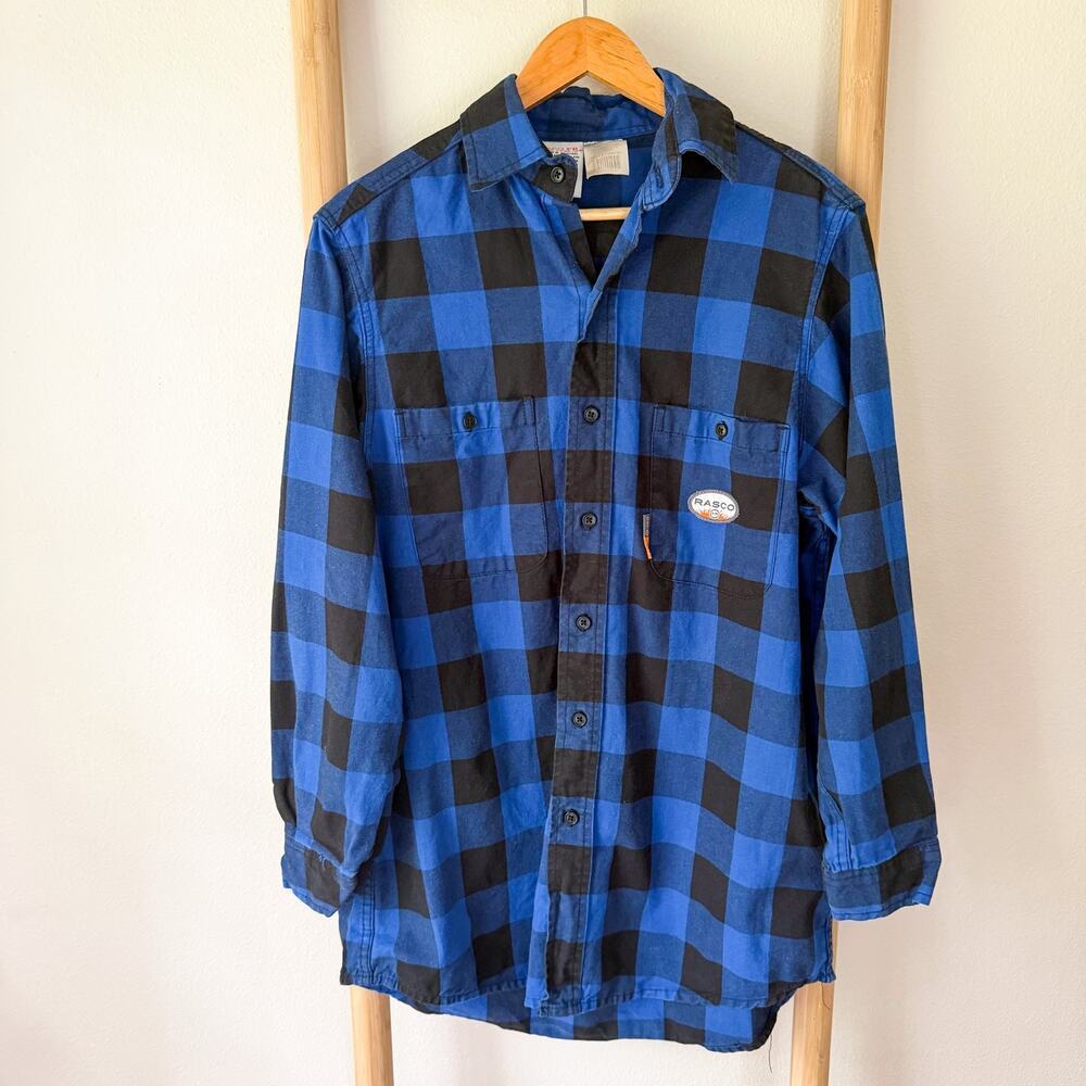 RASCO FR Blue Black Buffalo Plaid Flame Resistant Work Shirt Men’s Size Medium